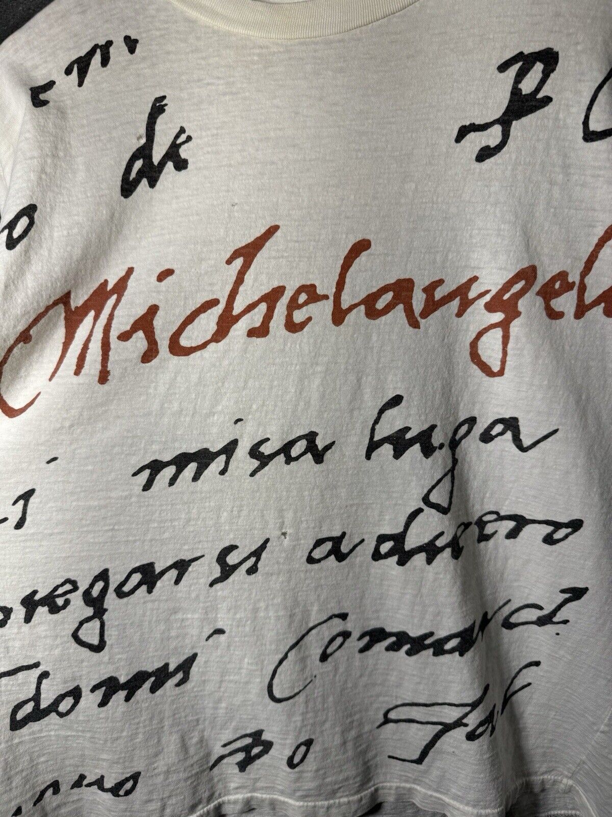 Vintage Michelangelo AOP Script Tee Thin 80s Art Artist L White Dbl Side T-Shirt