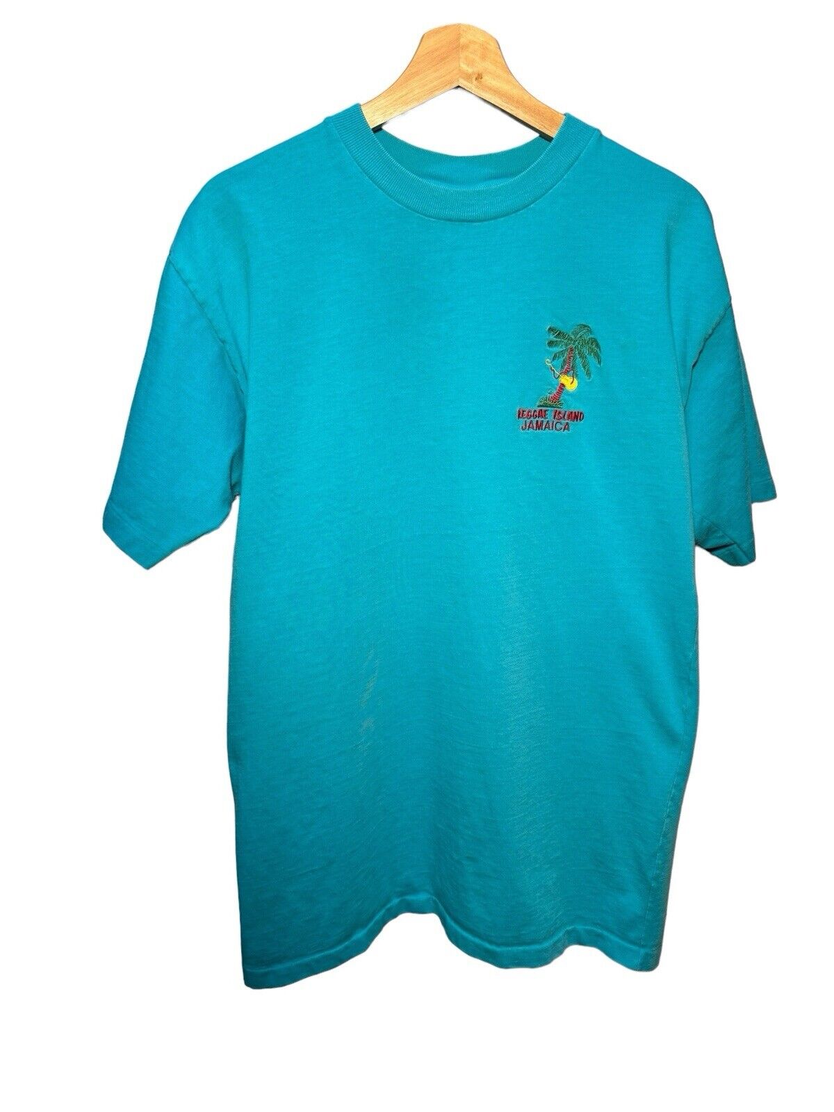 Vintage 90s Reggae Island Jamaica Sz XL Blue Single Stitch Embroidered T-Shirt 