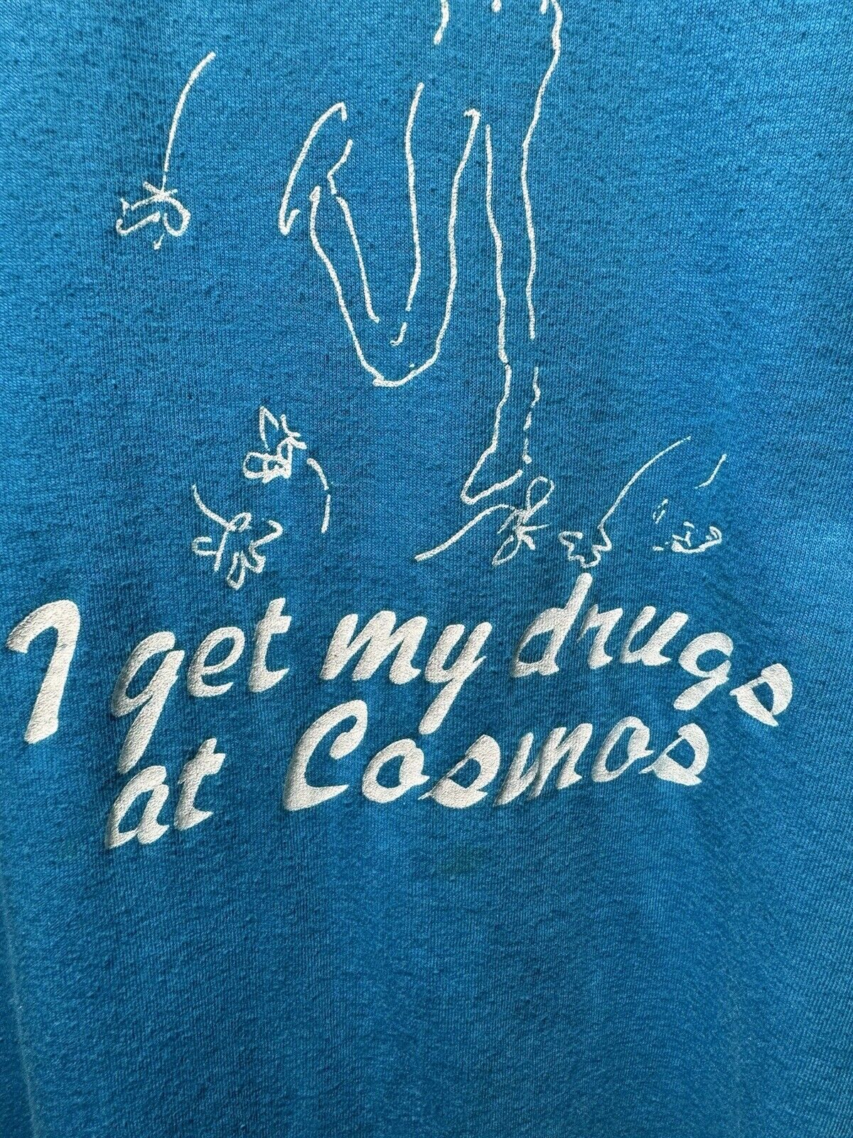 Vintage I Get My Drugs At Cosmos T Shirt Blue Sz L Made In USA 70s 