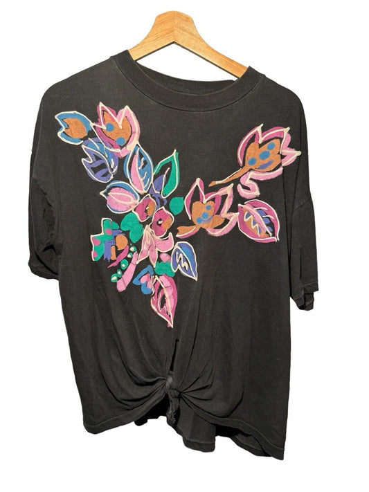 Vintage Floral Flower Graphic Single Stitch T-Shirt Black Size L Cut 