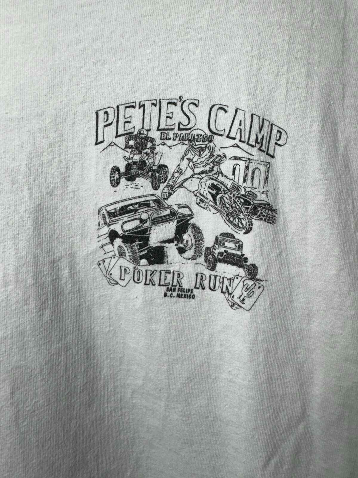 Vintage Pete’s Camp Poker Run T-Shirt 90s White Dbl Sided Hanes XL 