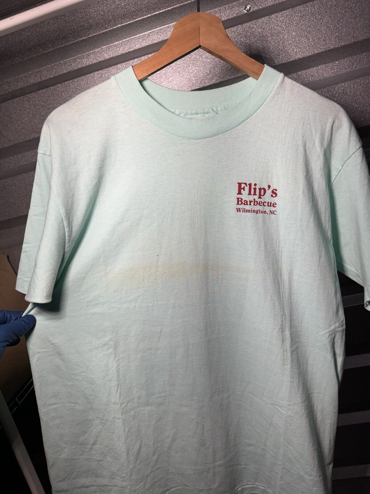 Vintage Flip’s Barbecue T-Shirt Sz L Blue Double Sided USA North Carolina 