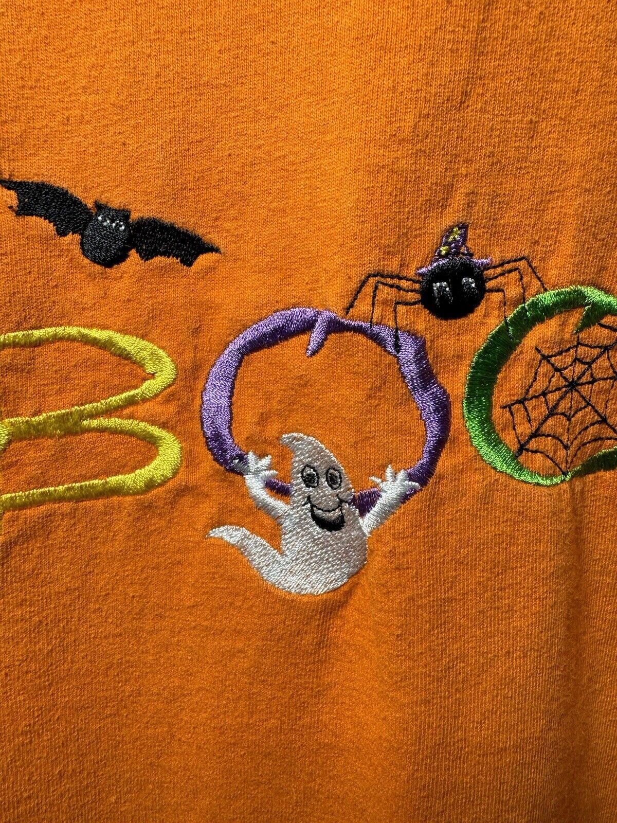 Vintage Halloween Boo Embroidered T-Shirt Orange Sz XL Murina Ghost 