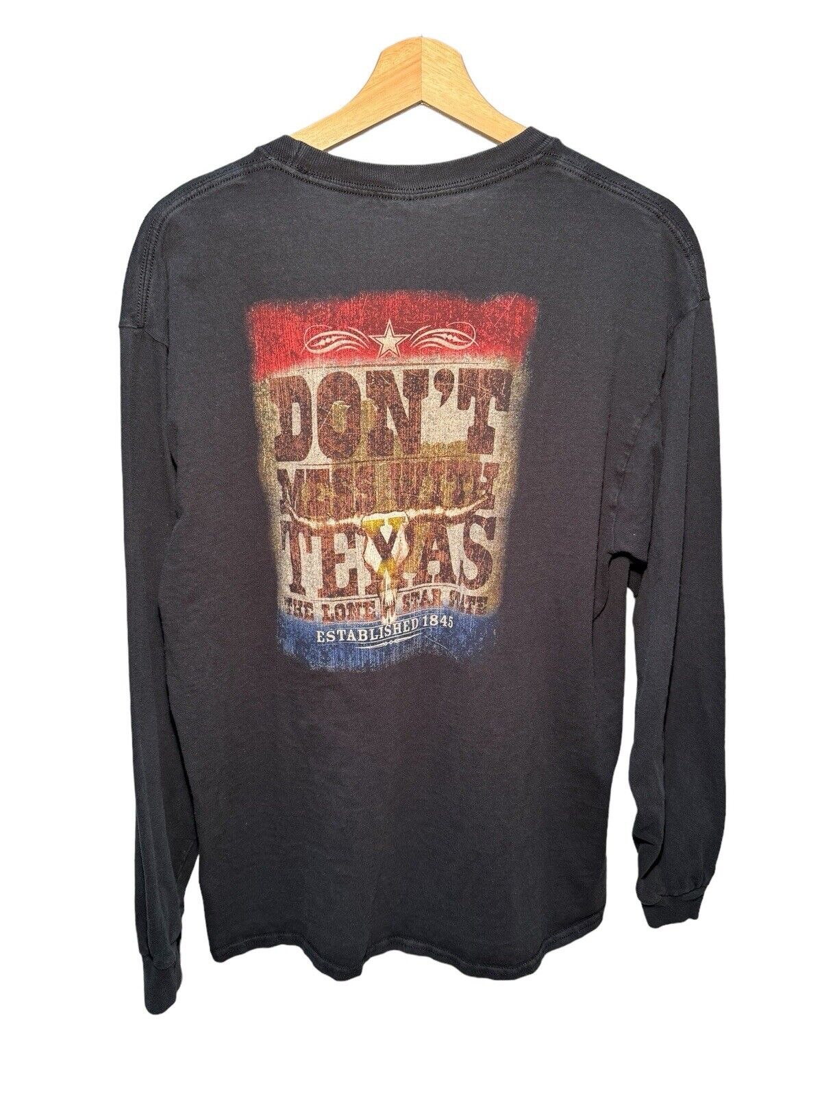 Vintage Don’t Mess With Texas L/S T-Shirt Black Gildan Sz L Dbl Sided Lone Star 