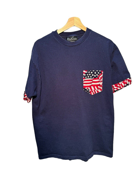 Vintage USA America Flag Pocket T-Shirt Navy Blue Sz L Made in USA July 4 