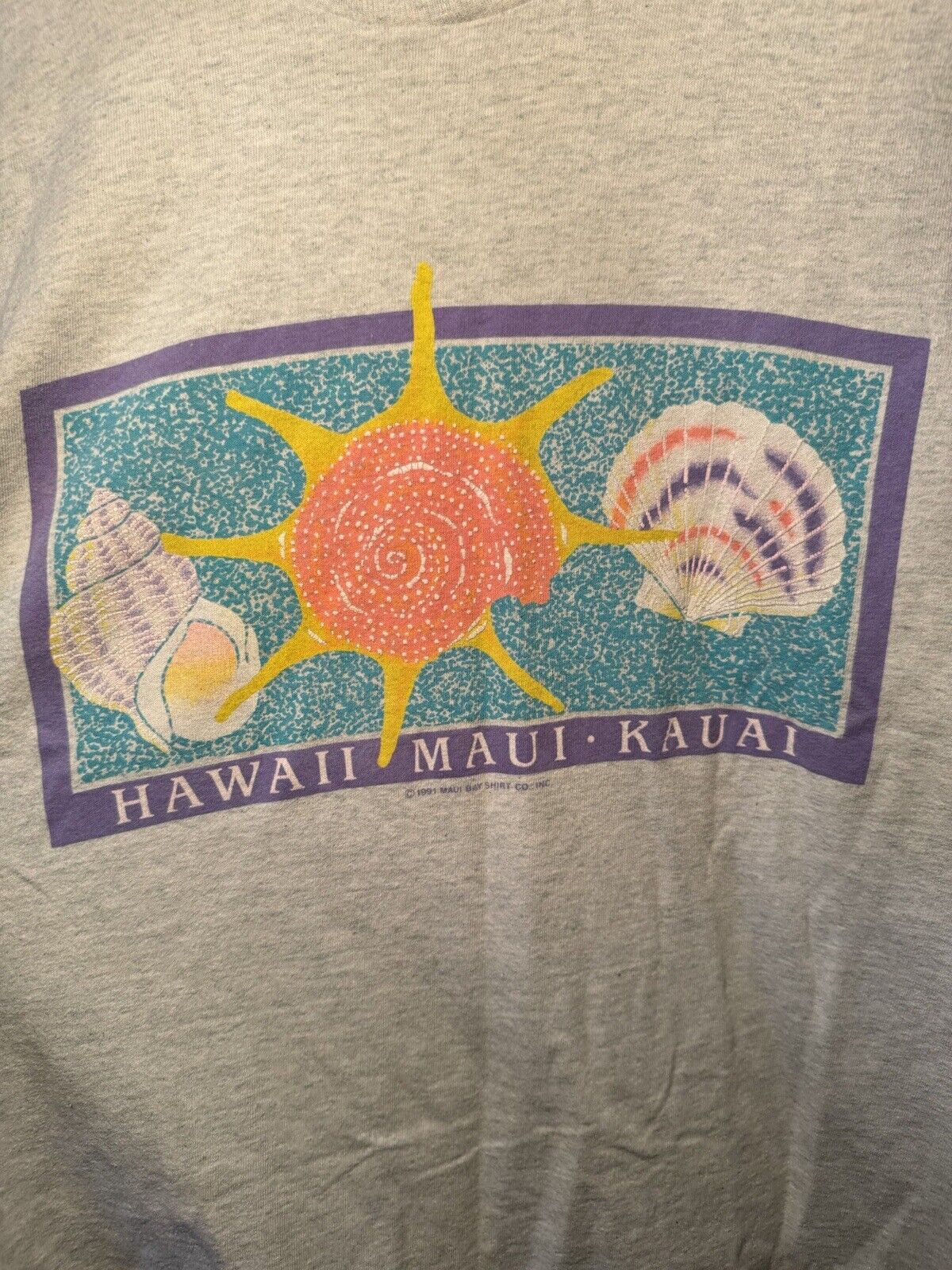 Vintage 1991 Hawaii Maui Kauai T-Shirt Size M Gray Made USA Shell Sun Beach 