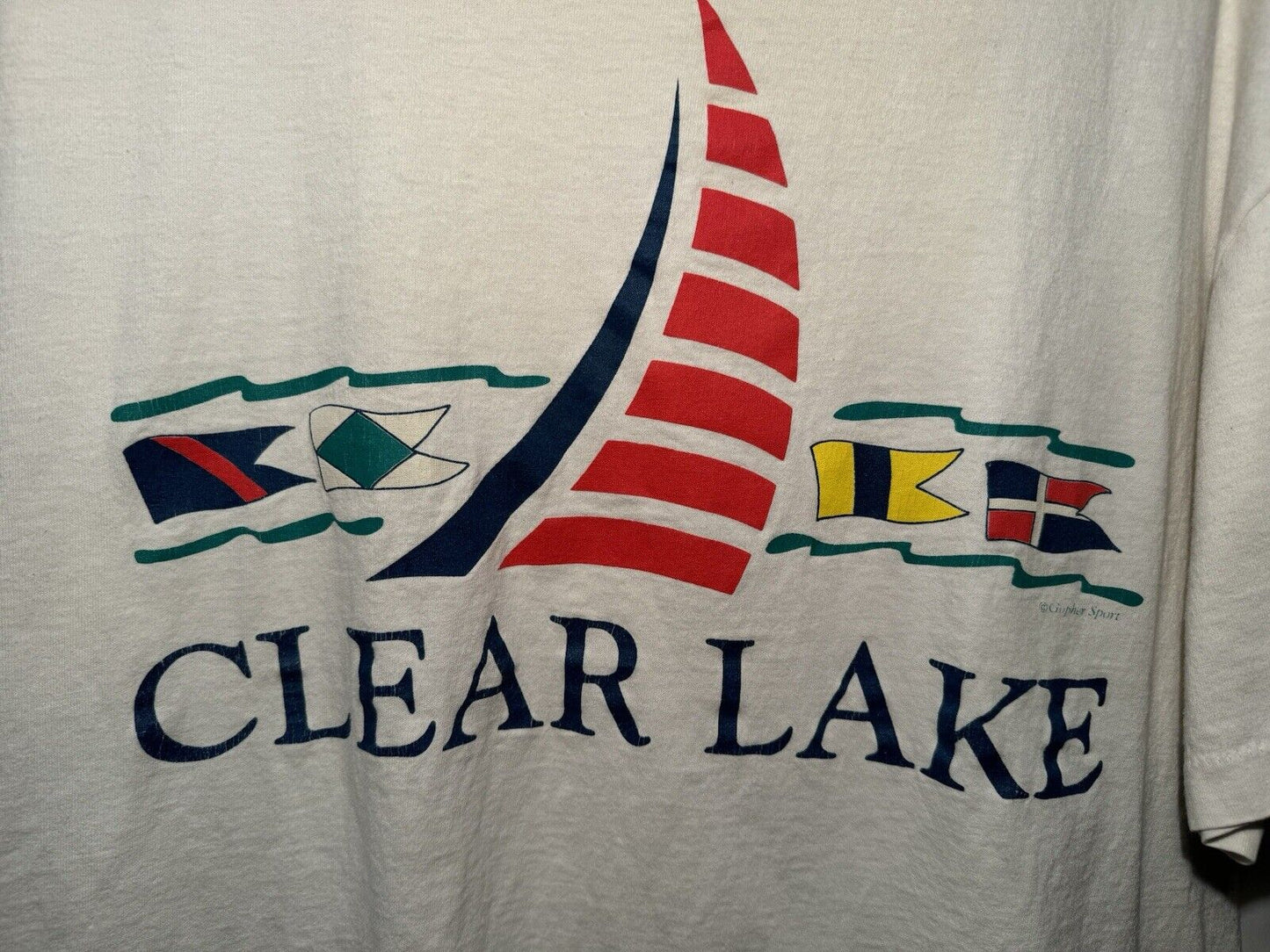 Vintage Clear Lake Sail Boat T-Shirt Sz XL Jerzees Made in USA White 