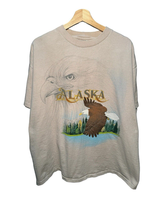 Vintage 90’s Alaska Eagle Graphic Single Stitch T-Shirt Beige Tan Size XL USA