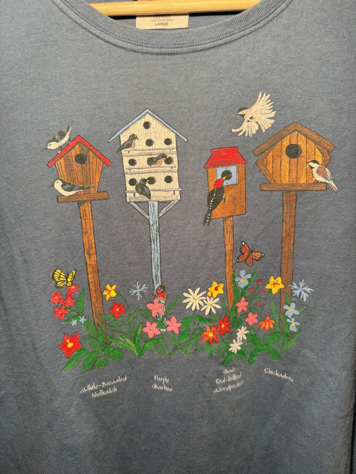 Vintage 90s Birds Flowers and Birdhouses T-Shirt Women’s L Blue Single Stitch  