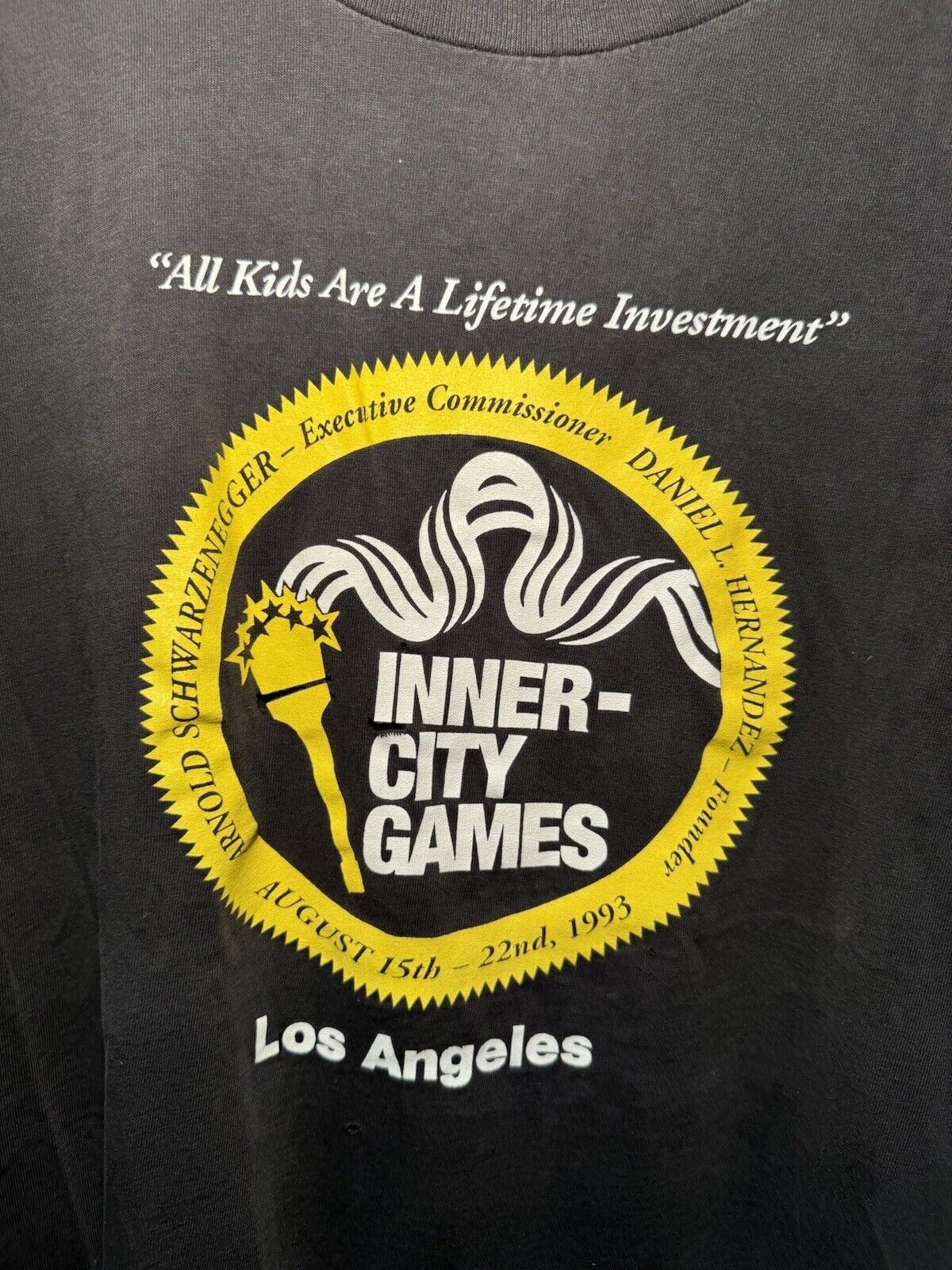 VTG 1993 Inner City Games Los Angeles T-Shirt Sz XL Black Arnold Schwarzenegger 