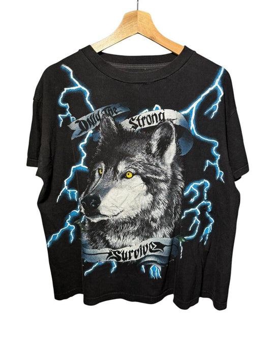 Rare VTG USA THUNDER Only The Strong Survive Wolf Lightning T-Shirt 90s Black