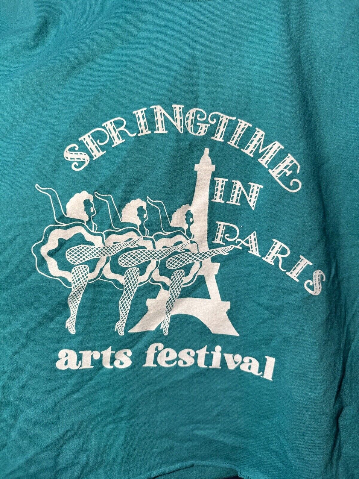 Vintage Spring Time In Paris Arts Festival T-Shirt Cropped 80s 90s Blue Sz L