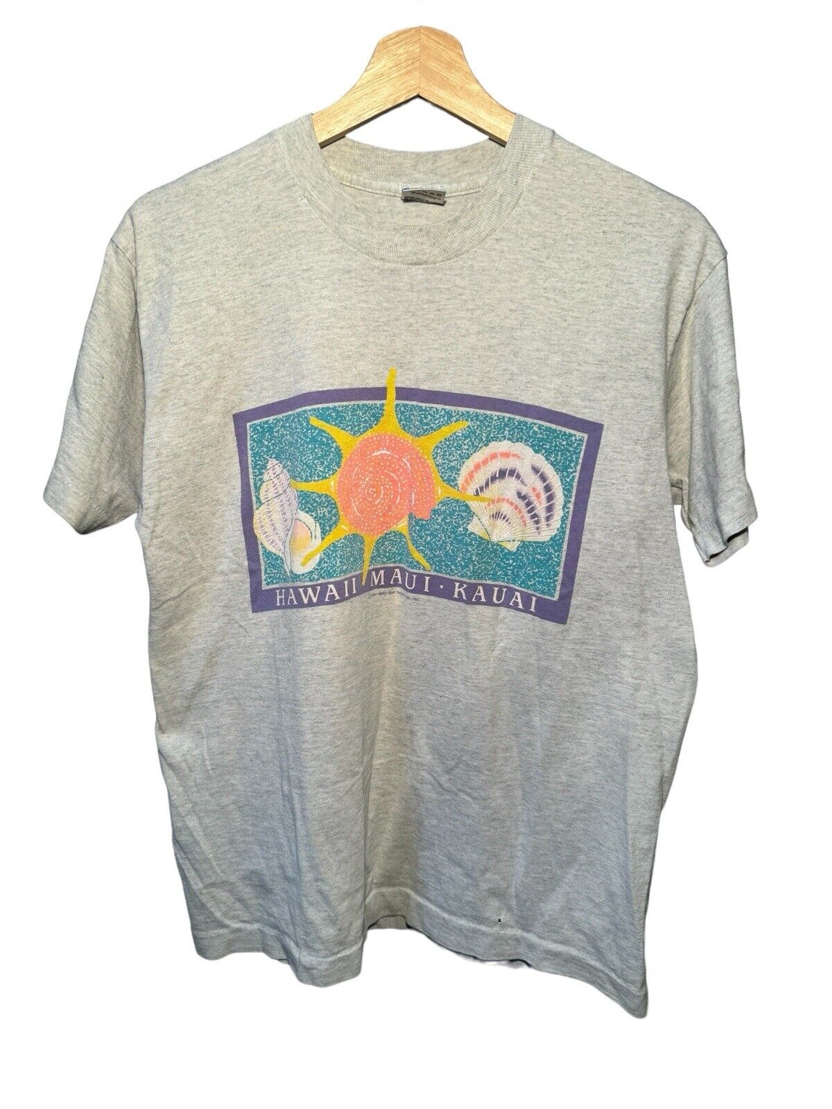 Vintage 1991 Hawaii Maui Kauai T-Shirt Size M Gray Made USA Shell Sun Beach 