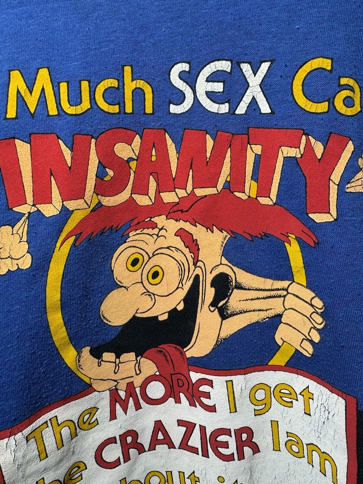 Vintage 70s 80s Too Much Sex Funny T-Shirt Blue Sz L Quotes Humor USA