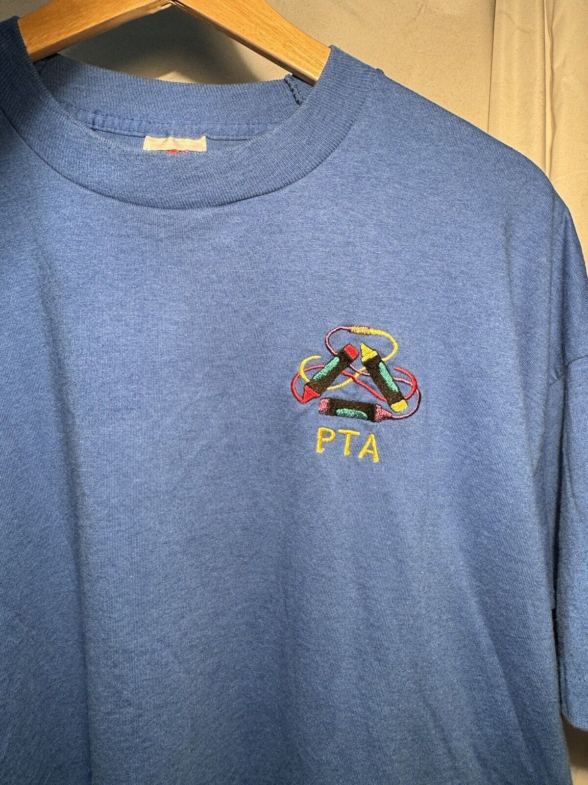 Vintage PTA Parent Teacher T-Shirt Sz XL Blue Single Stitch School Embroidered 