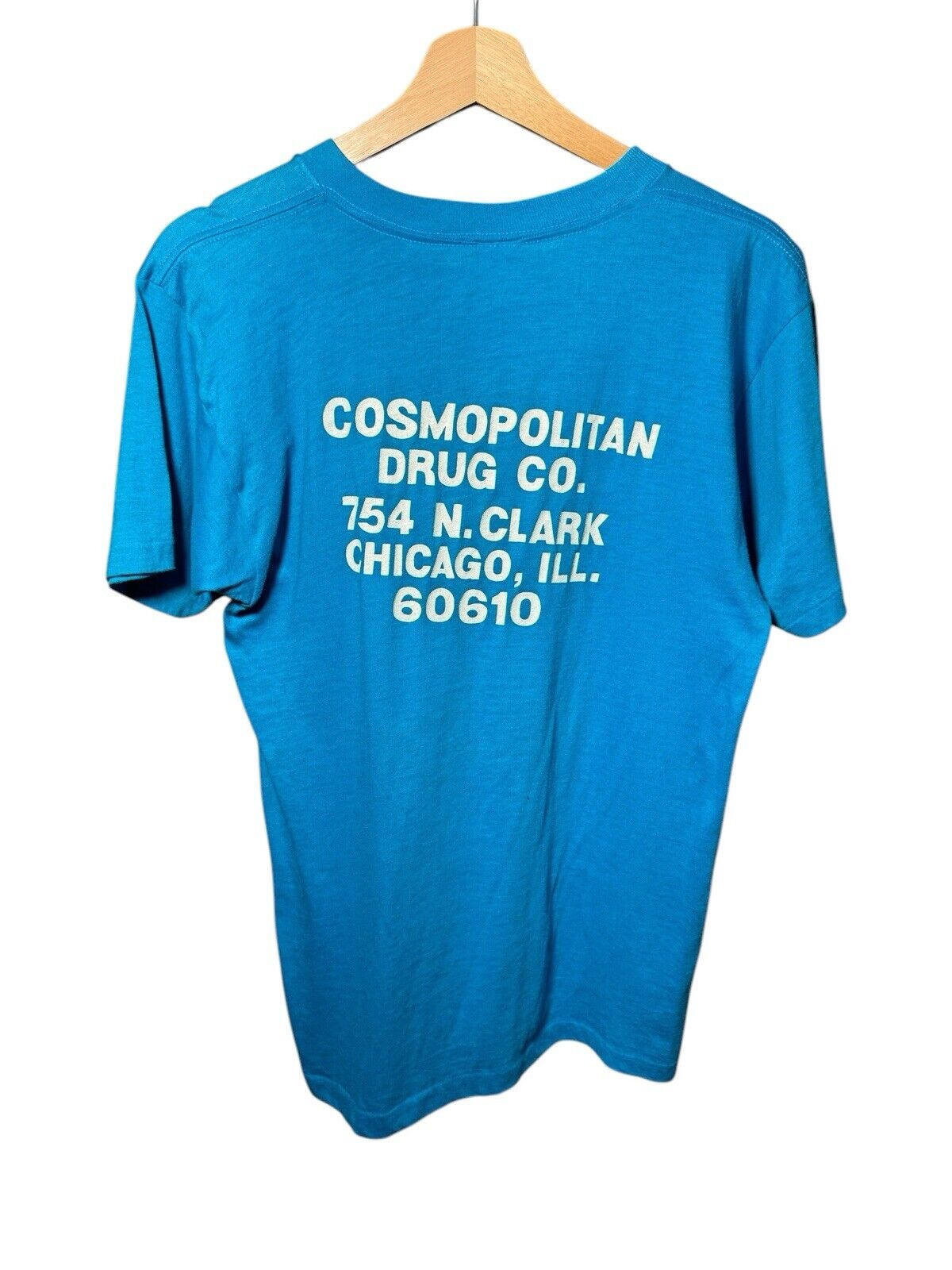 Vintage I Get My Drugs At Cosmos T Shirt Blue Sz L Made In USA 70s 