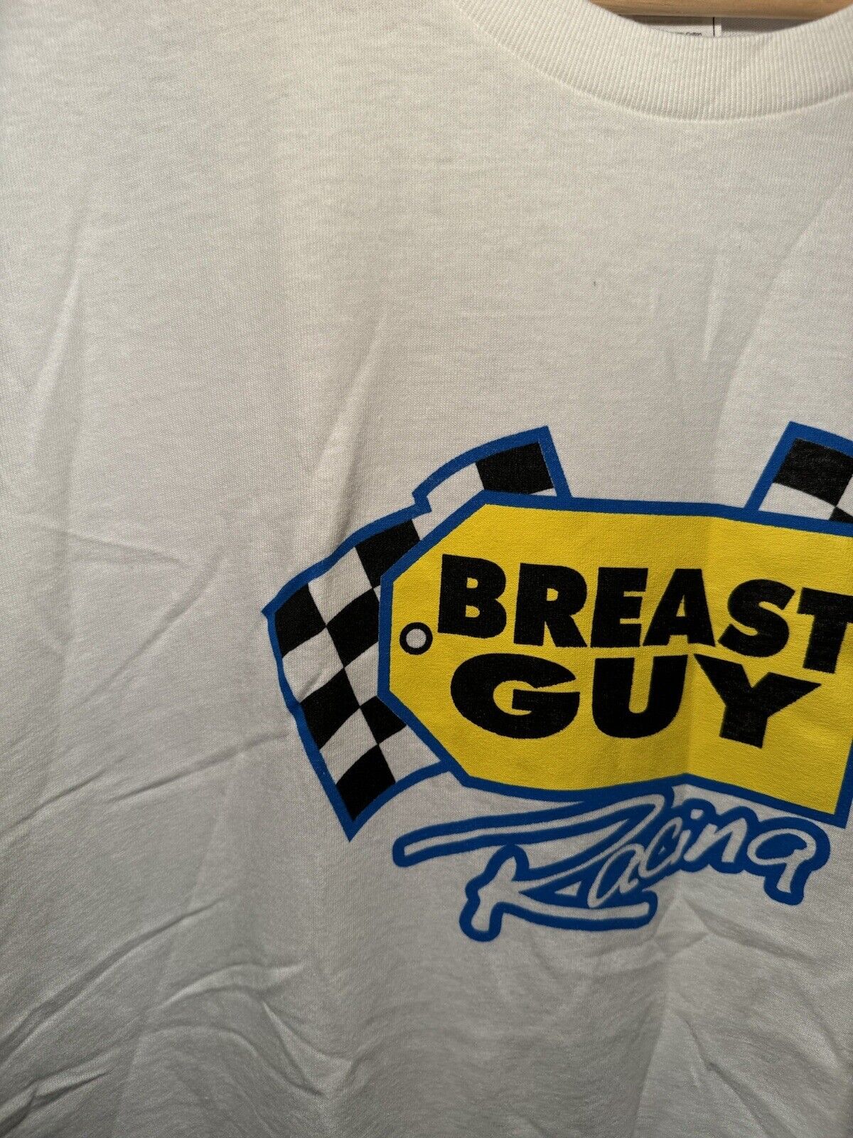 Vintage 90s Breast Guy Racing T-Shirt Best Buy Parody Funny Sz L White Dbl Sided