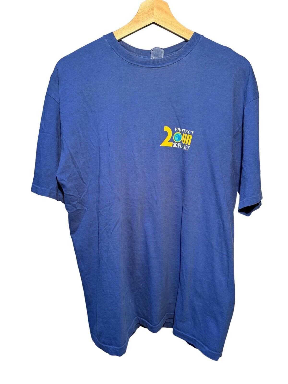 Vintage KCBS 2 Protect Our Planet T-Shirt Size L Blue 80s 90s Double Sided