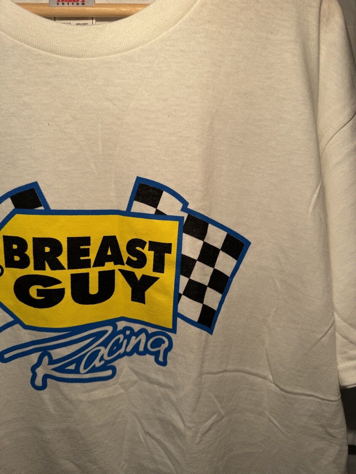 Vintage 90s Breast Guy Racing T-Shirt Best Buy Parody Funny Sz L White Dbl Sided