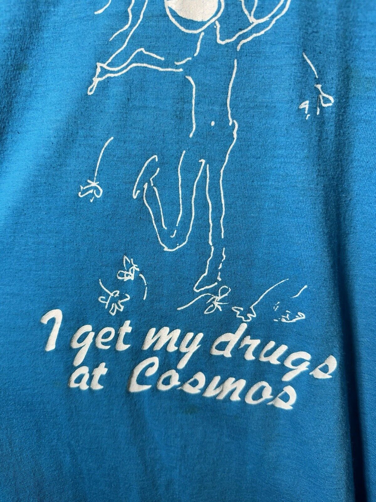 Vintage I Get My Drugs At Cosmos T Shirt Blue Sz L Made In USA 70s 