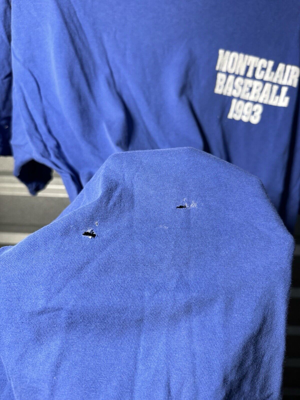 Vintage 1993 Russell Athletic Montclair Baseball T-Shirt L Blue Dbl Sided USA 