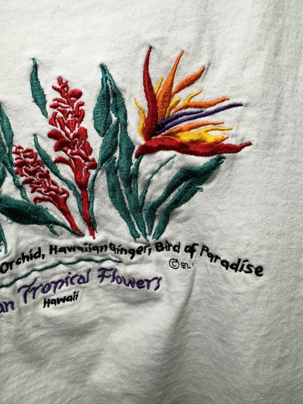 Vintage Women’s Hawaiian Tropical Flowers Embroidered T-Shirt Sz XL USA