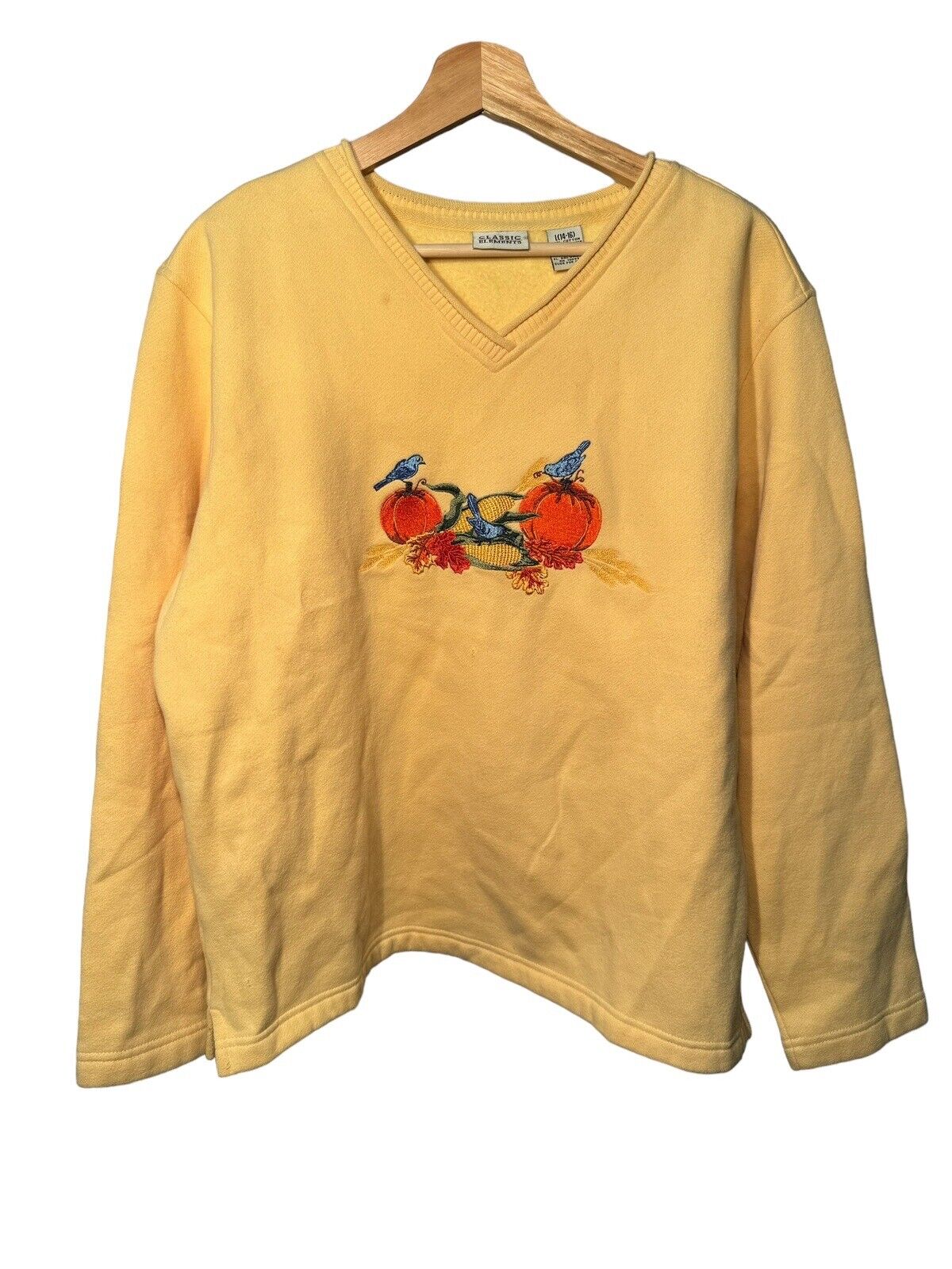 VTG Classic Elements Crewneck Sweater Yellow Pumpkins Birds Sz Large 