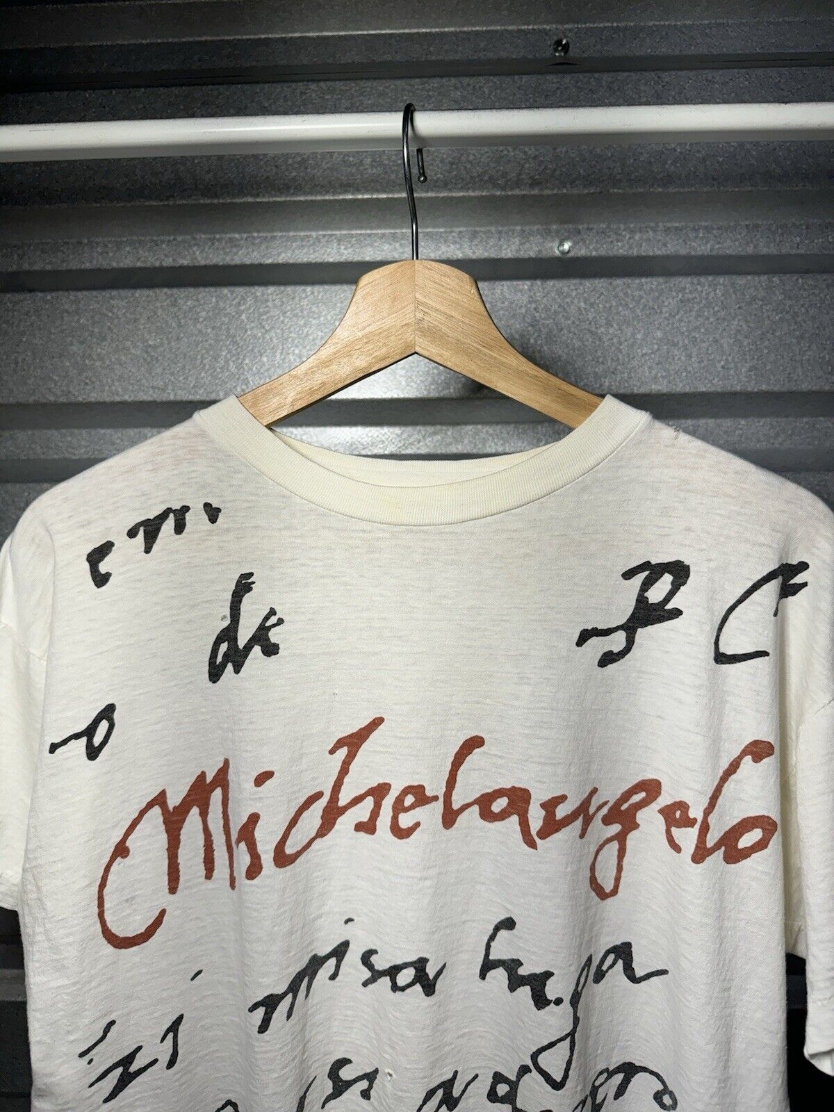 Vintage Michelangelo AOP Script Tee Thin 80s Art Artist L White Dbl Side T-Shirt