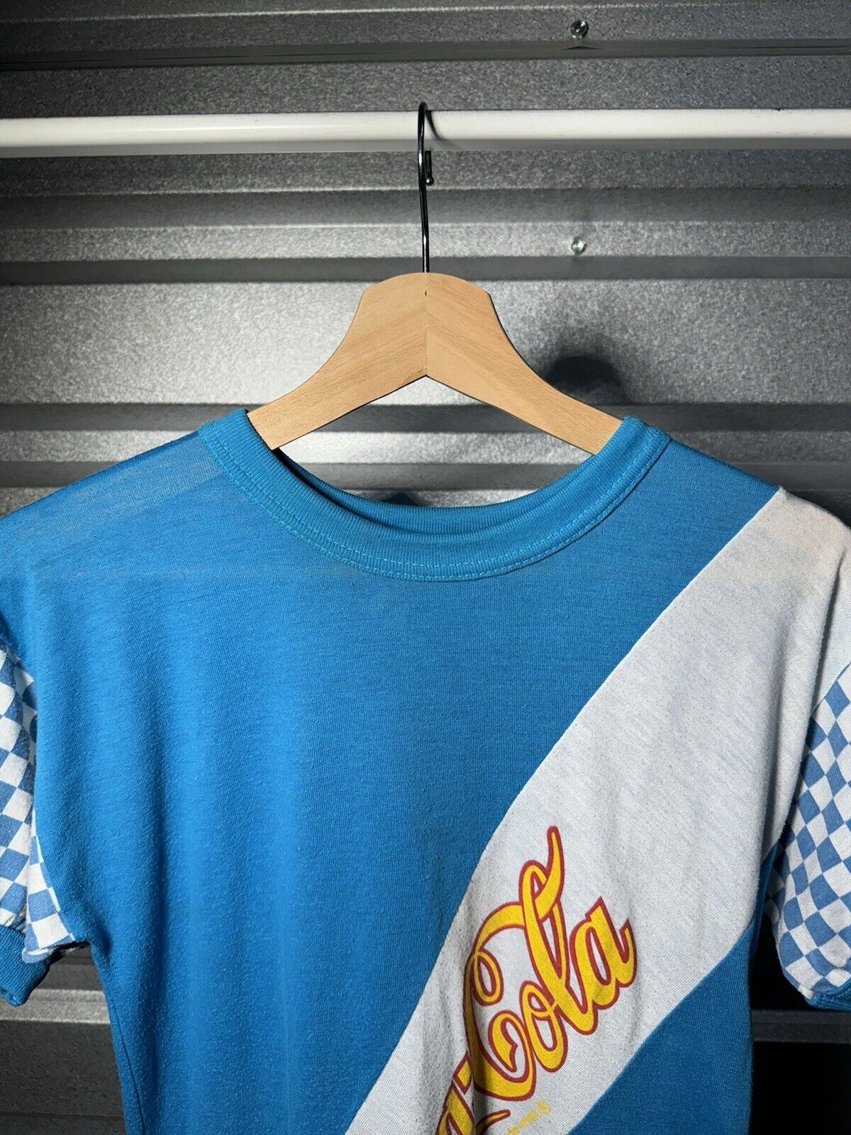 Vintage 80s COCA COLA COKE Classic T-Shirt Logo Size M Checkered Blue 