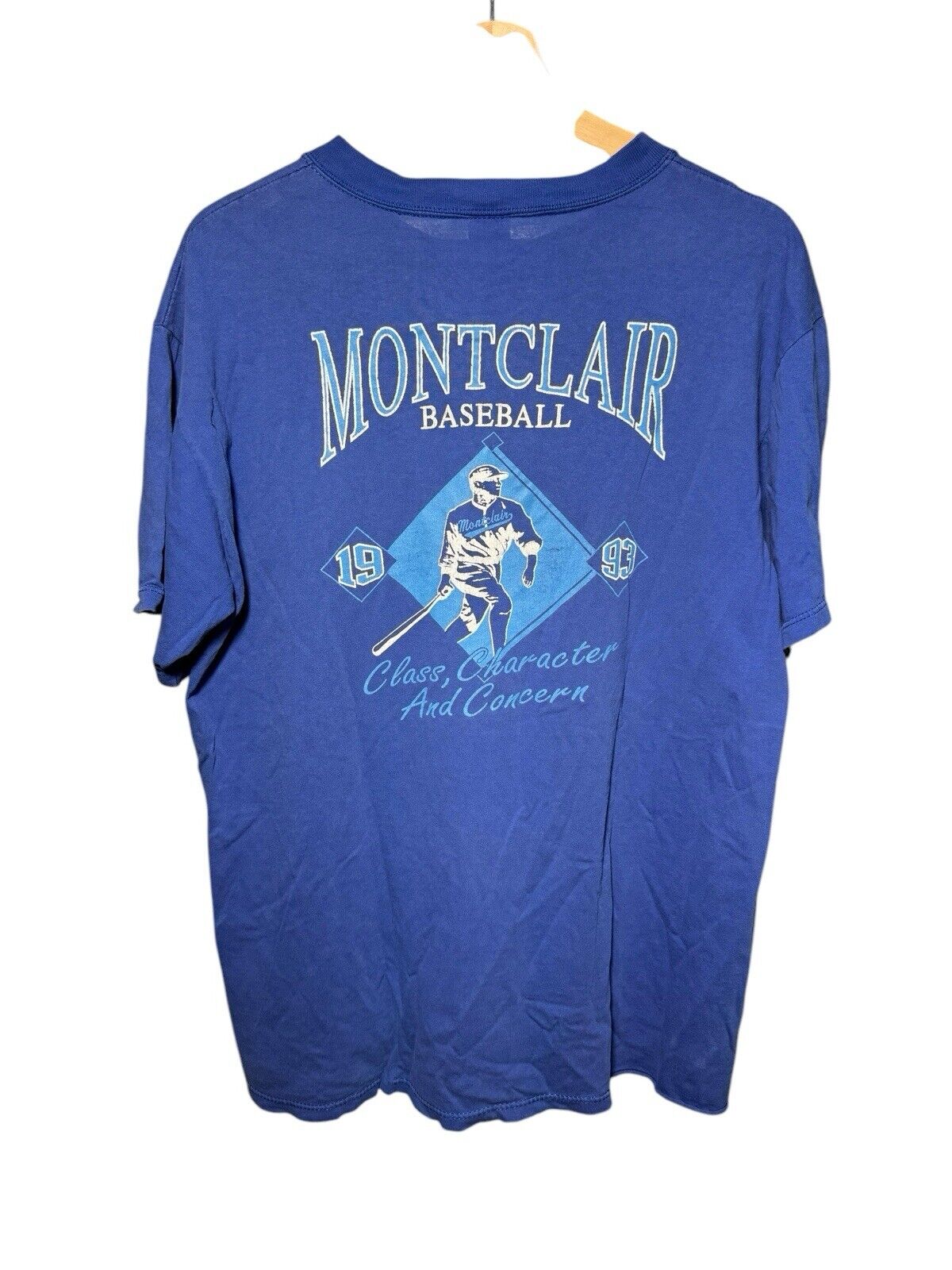 Vintage 1993 Russell Athletic Montclair Baseball T-Shirt L Blue Dbl Sided USA 