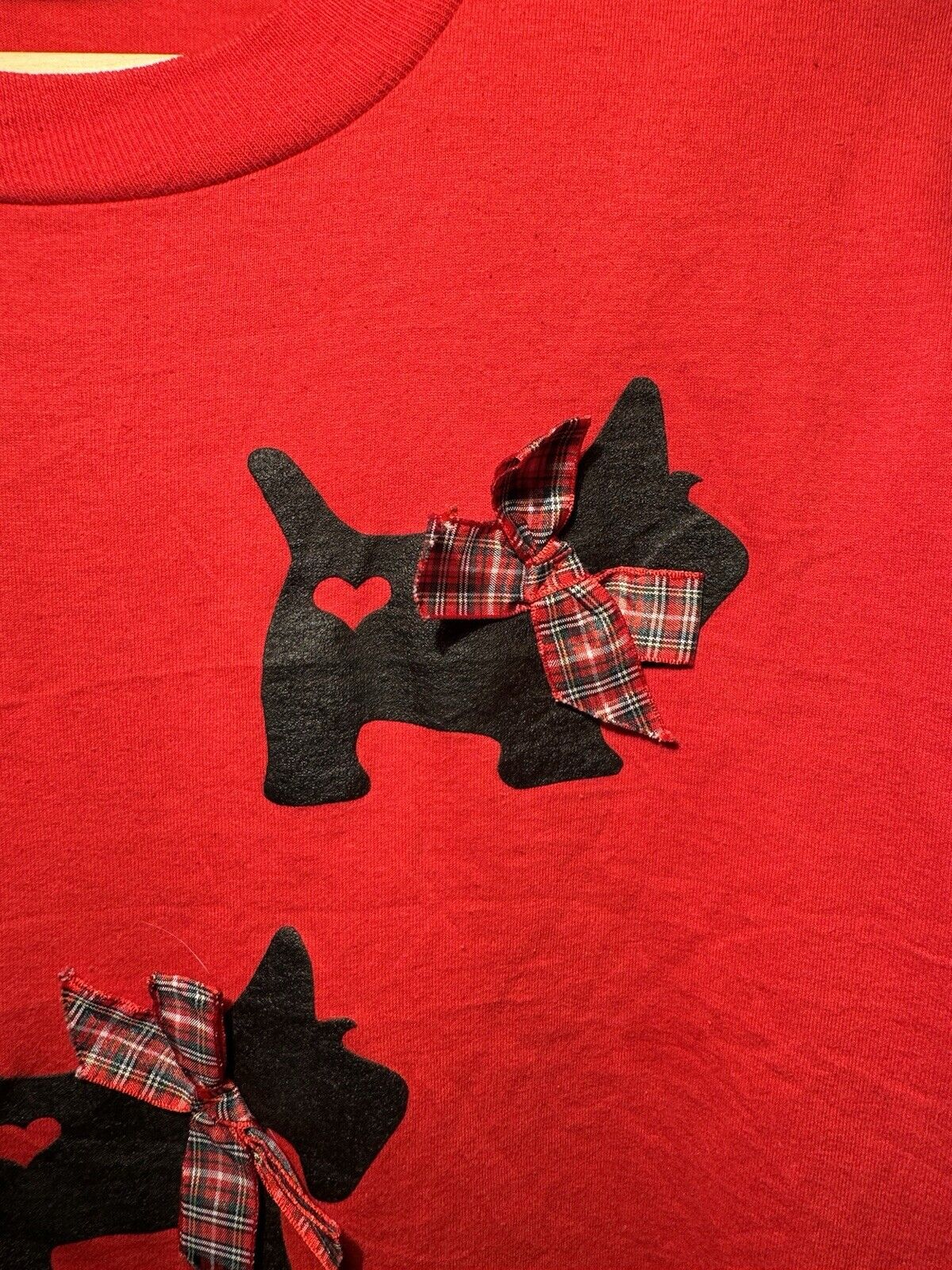 Vintage 80s Christmas Bows Scottish Terrier T-Shirt Sz XL Red Long Sleeve 