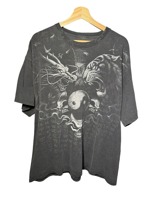 Vintage Y2k Dragon Shirt Size XXL Black Short Sleeve All Over Print Affliction