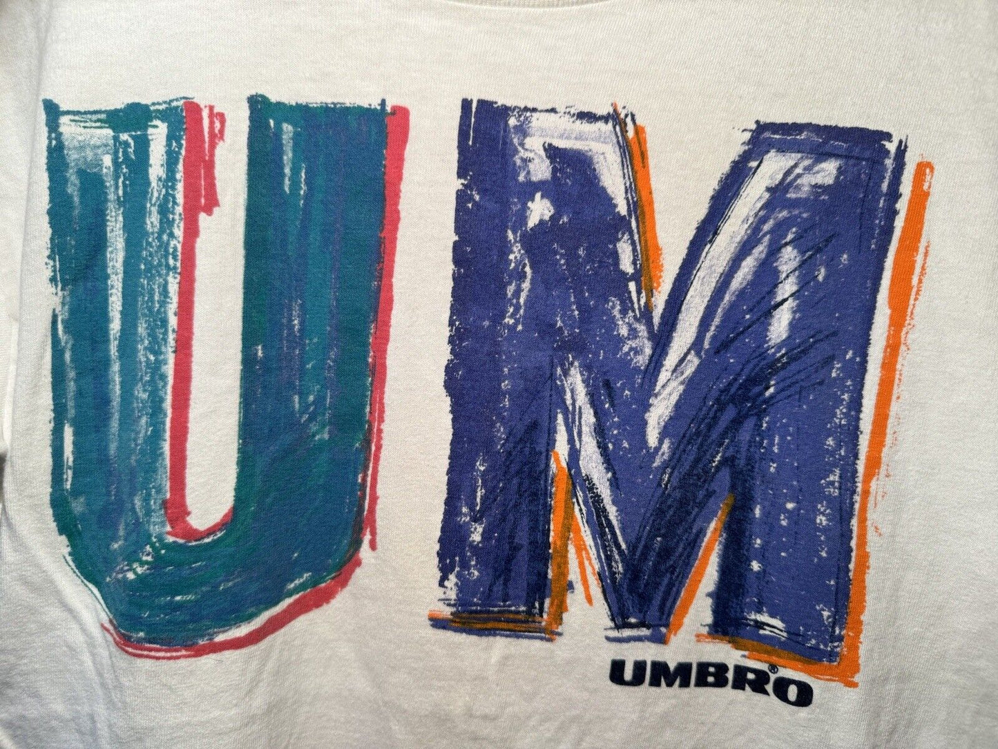 VTG Umbro Short Sleeve Soccer Colors T-Shirt USA Made Sz Youth L DBL Sided 