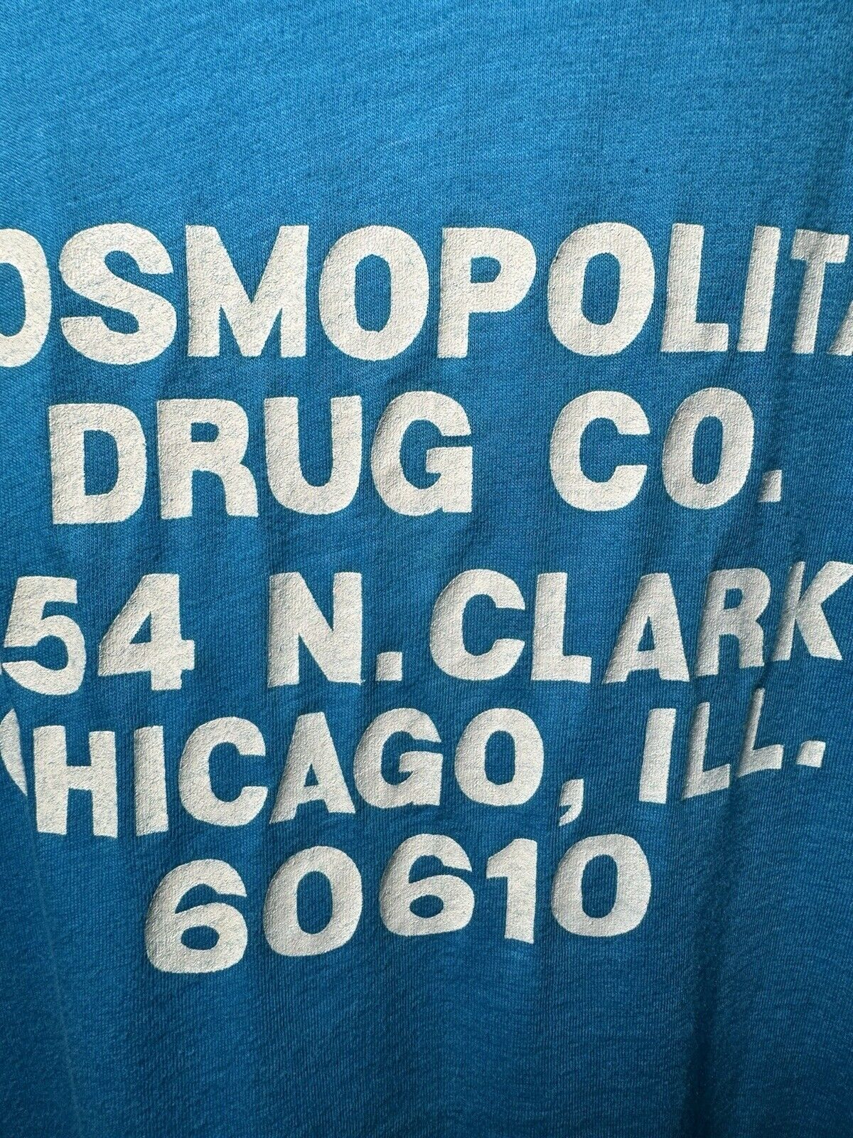 Vintage I Get My Drugs At Cosmos T Shirt Blue Sz L Made In USA 70s 