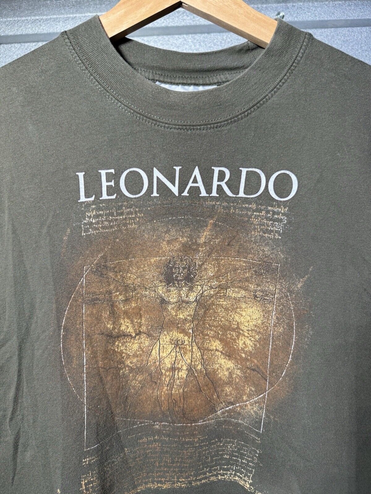 Vintage Leonardo Da Vinci T-Shirt Vitruvian Man Shirt Green Size Small Rare 