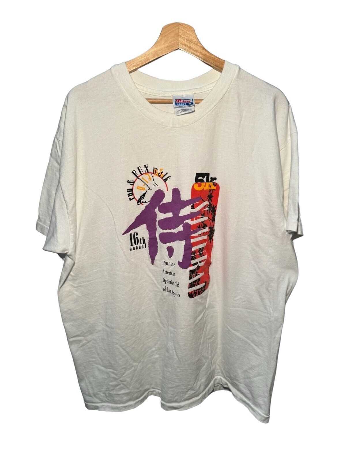 Vintage 1995 Los Angeles Samurai White 5K Run Shirt Sz XL Japanese American 