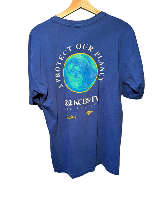 Vintage KCBS 2 Protect Our Planet T-Shirt Size L Blue 80s 90s Double Sided