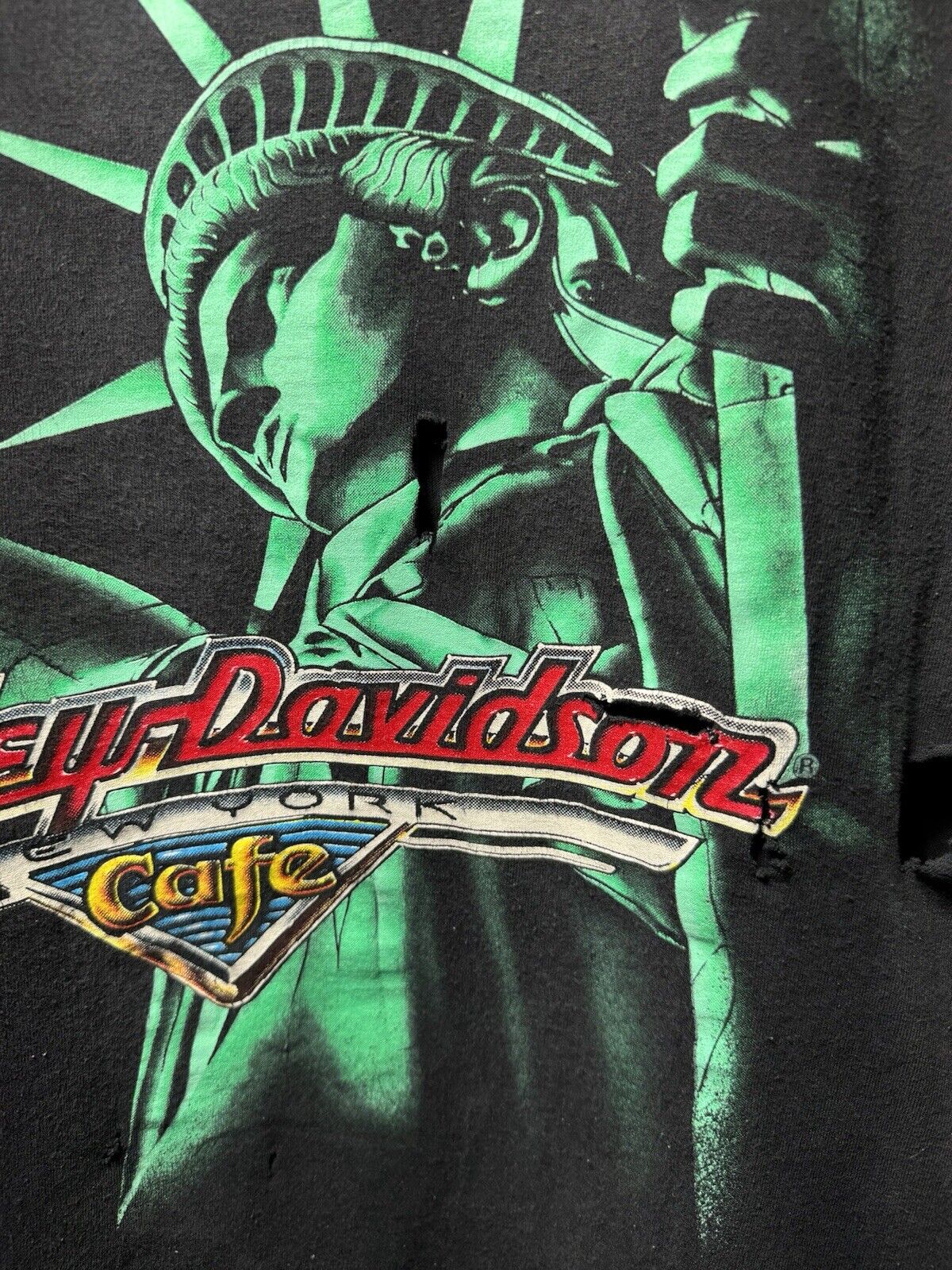 Vintage Harley Davidson NEW YORK Cafe Statue of Liberty T-Shirt Sz XL USA Holes