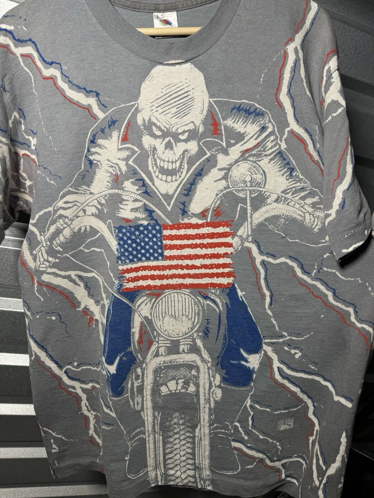 Vintage 1994 USA Biker Motorcycle Skull AOP Sz L Faded Fruit Of The Loom RARE