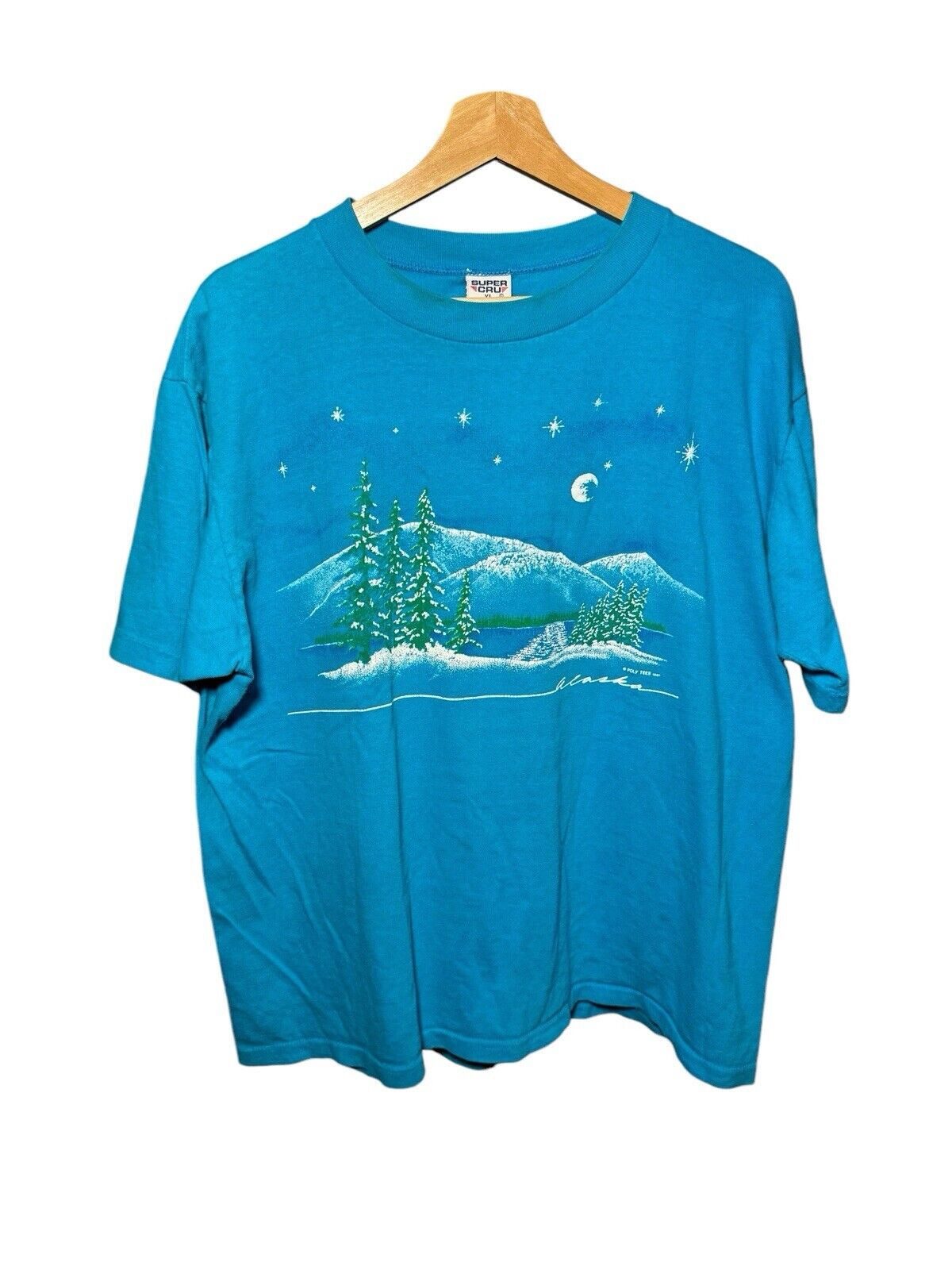 Vintage 1987 PolyTees Alaska United States Forest Nature Bird Blue T-Shirt XL