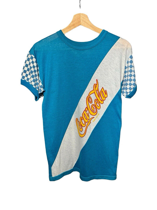 Vintage 80s COCA COLA COKE Classic T-Shirt Logo Size M Checkered Blue 