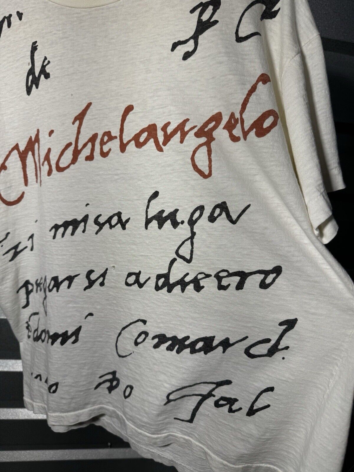 Vintage Michelangelo AOP Script Tee Thin 80s Art Artist L White Dbl Side T-Shirt