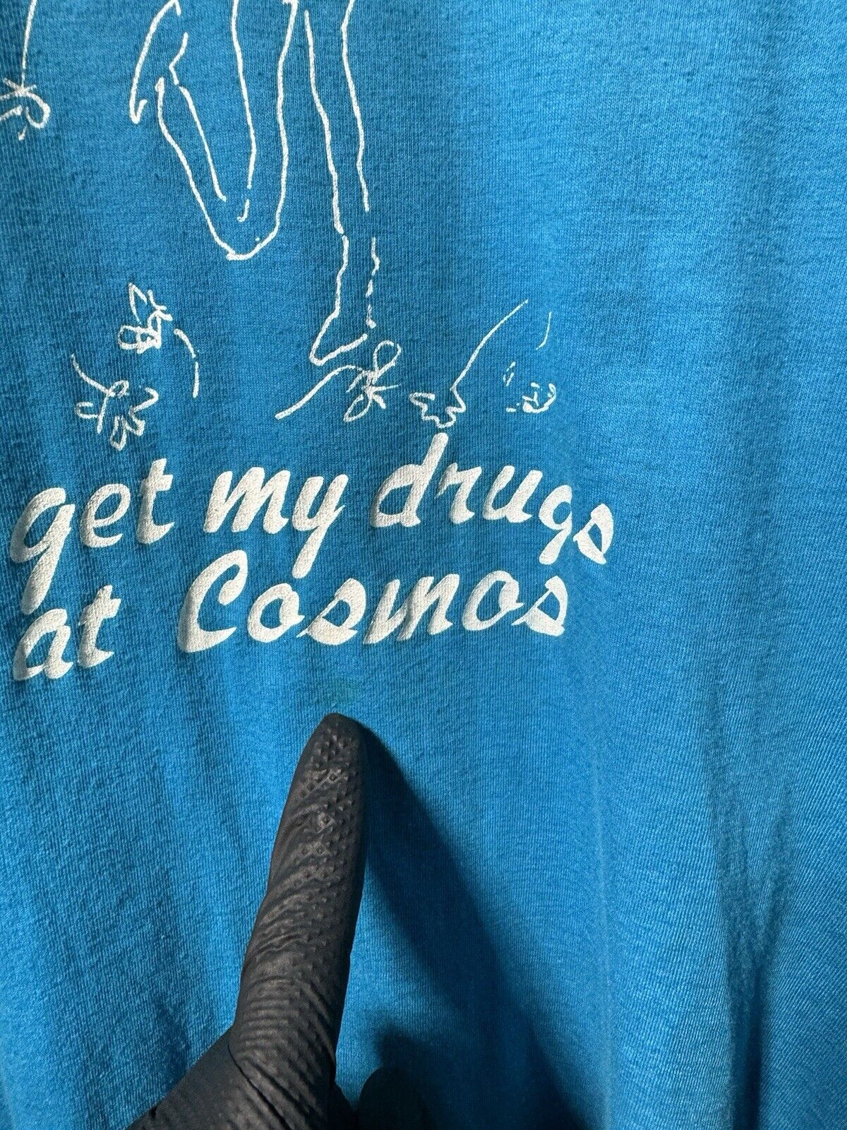 Vintage I Get My Drugs At Cosmos T Shirt Blue Sz L Made In USA 70s 