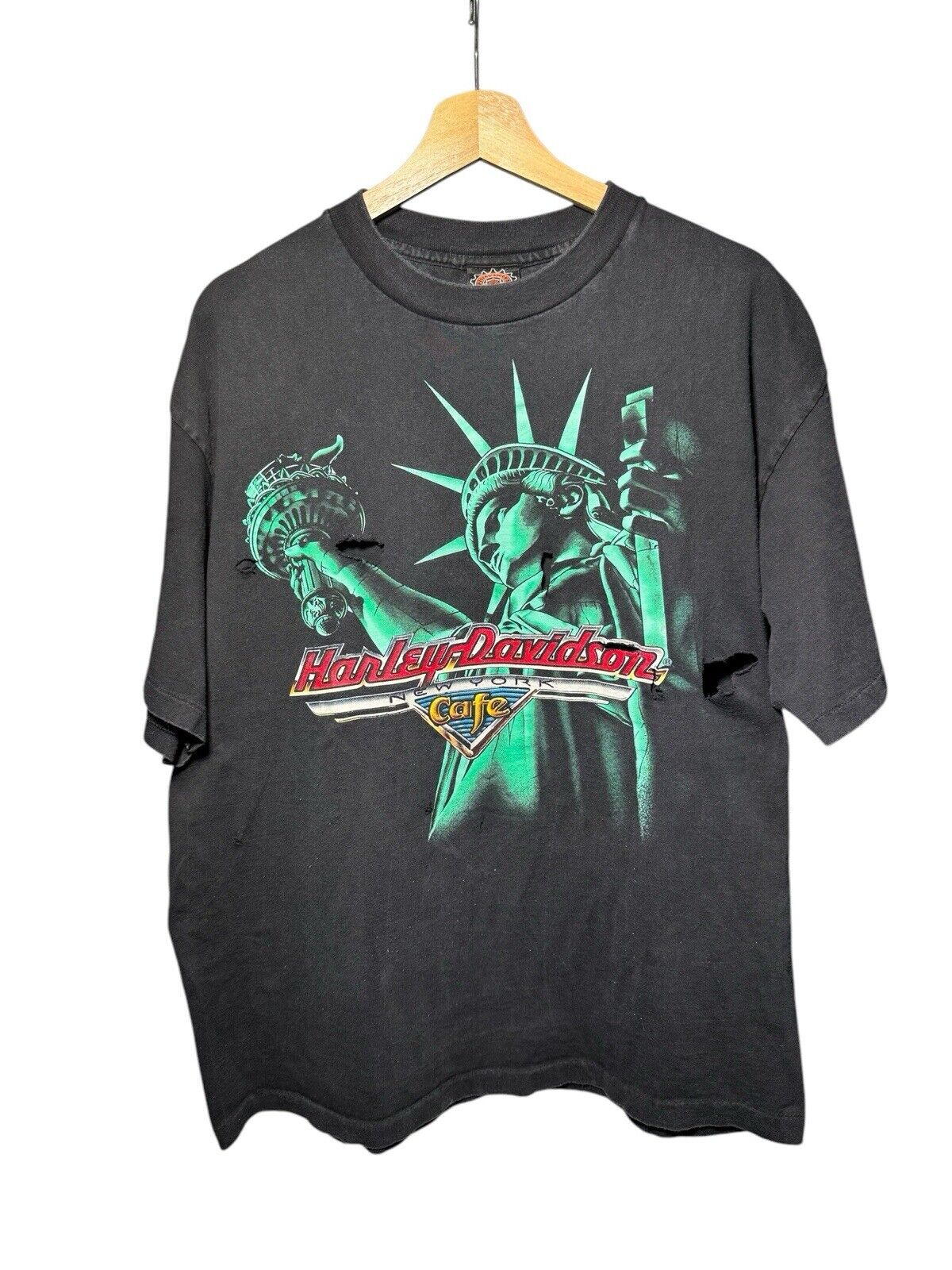 Vintage Harley Davidson NEW YORK Cafe Statue of Liberty T-Shirt Sz XL USA Holes