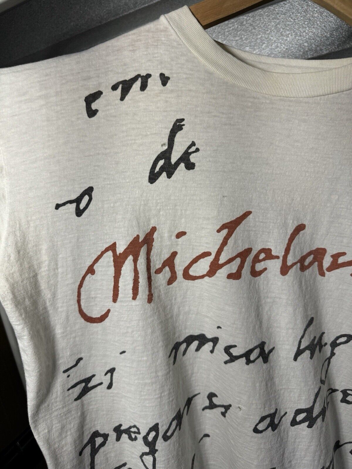 Vintage Michelangelo AOP Script Tee Thin 80s Art Artist L White Dbl Side T-Shirt