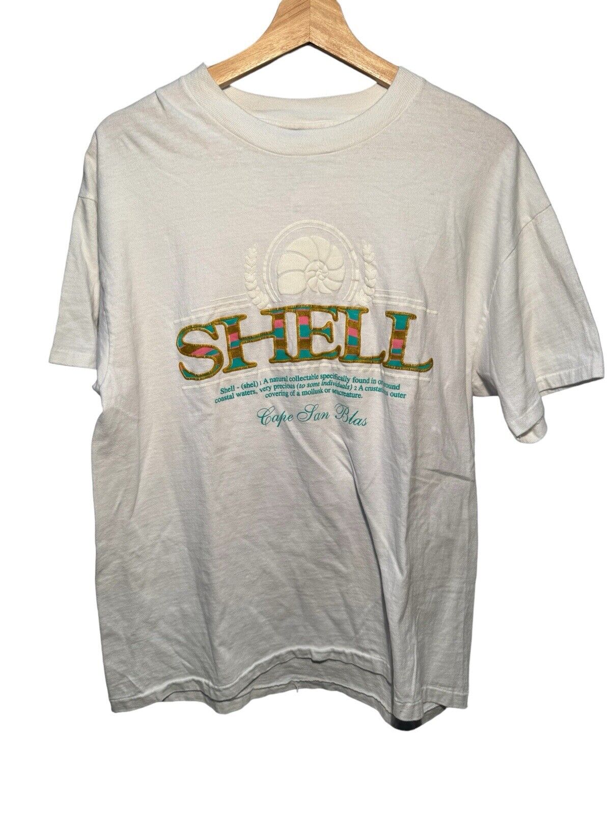 Vintage Shell Graphic T-Shirt Size L Hanes White Single Stitch 90s 