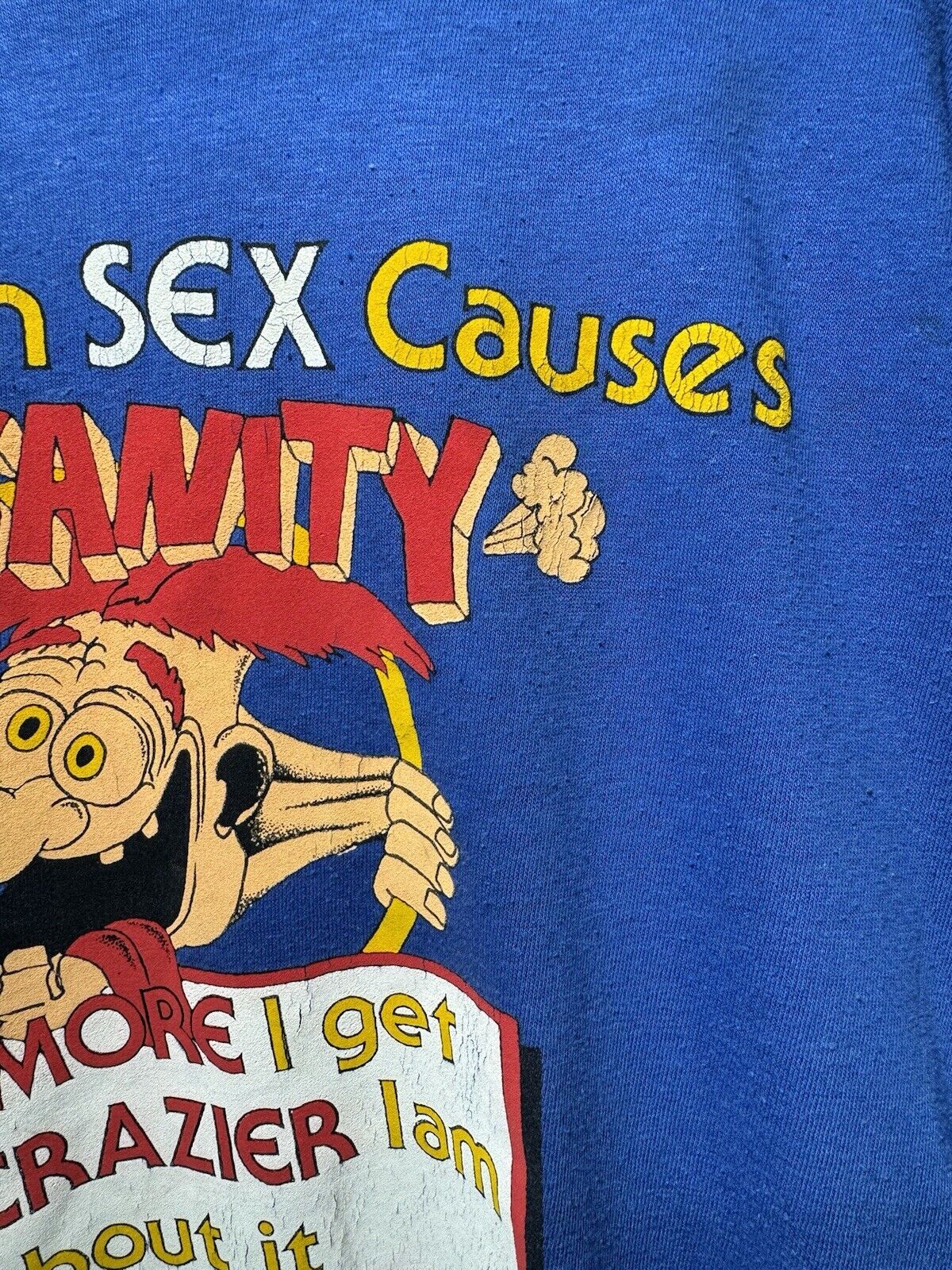 Vintage 70s 80s Too Much Sex Funny T-Shirt Blue Sz L Quotes Humor USA