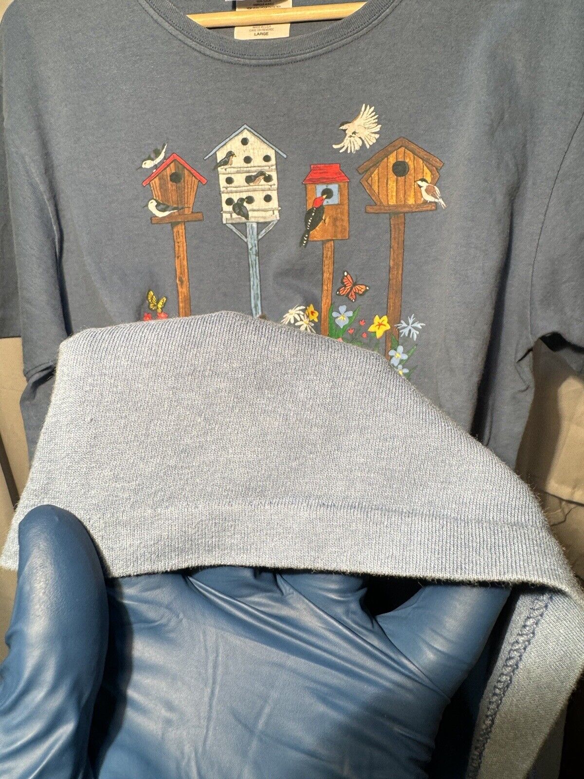 Vintage 90s Birds Flowers and Birdhouses T-Shirt Women’s L Blue Single Stitch  