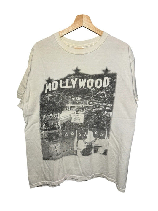 Vintage 90s Y2K Hollywood Big Graphic T-Shirt Sz L White Gildan Beverly Hills 