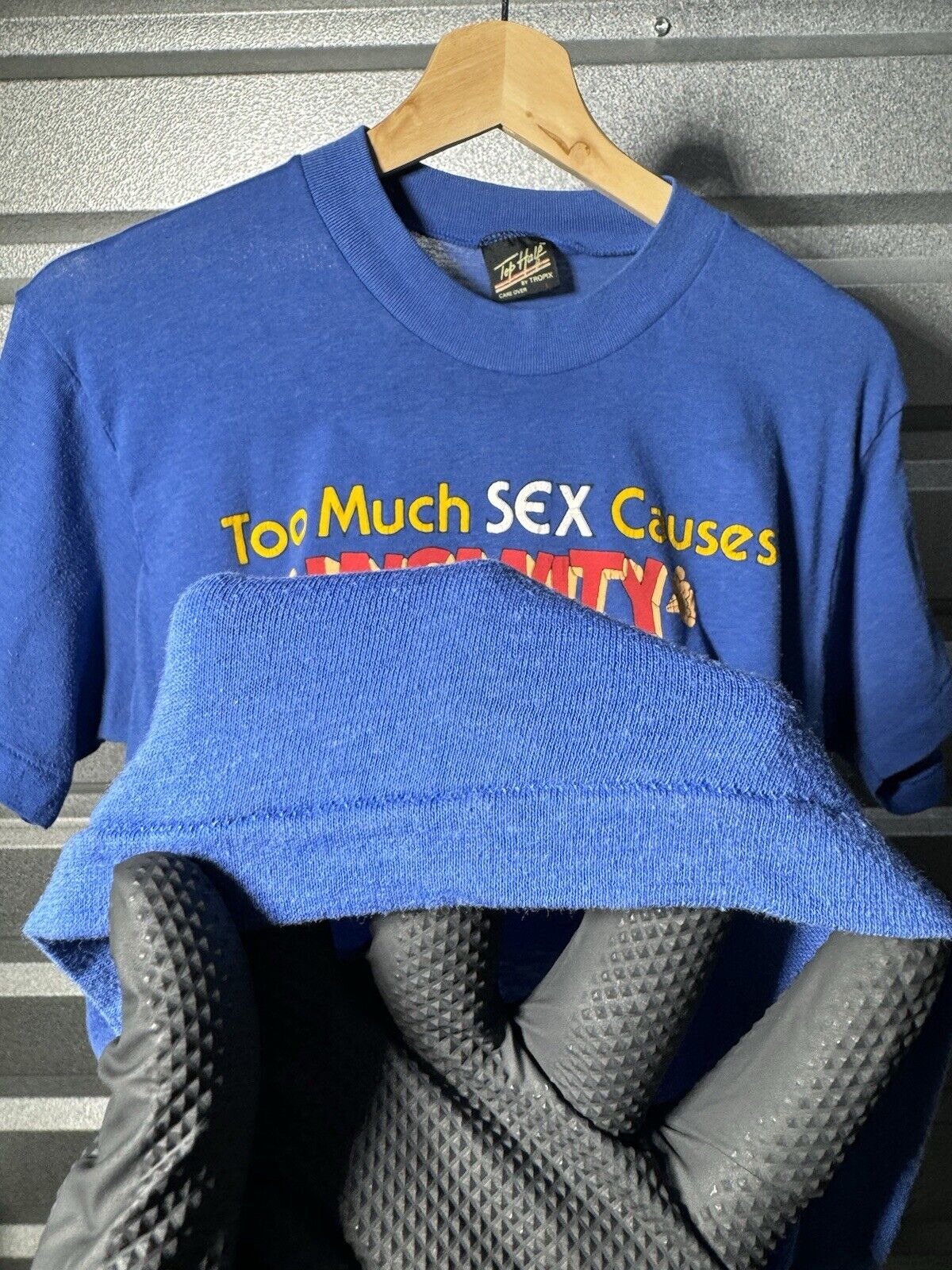 Vintage 70s 80s Too Much Sex Funny T-Shirt Blue Sz L Quotes Humor USA